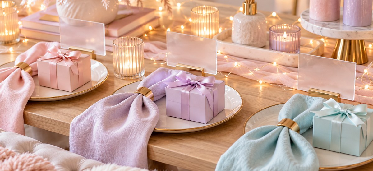 Pastel bat mitzvah after-party table setting with silk napkins in gold rings, wrapped favor boxes in pink lavender and mint, fairy lights and pillar candles