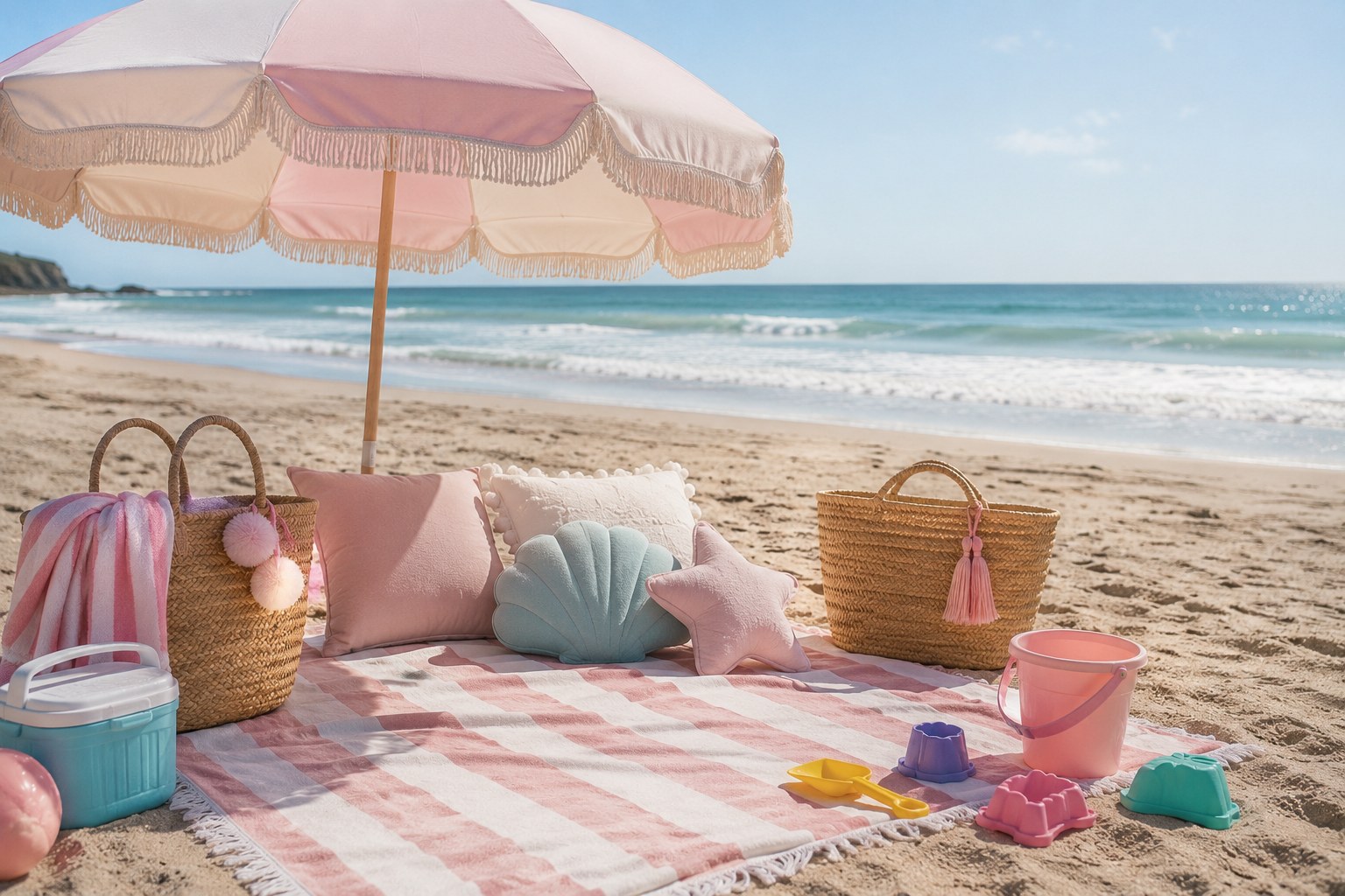 Beach sleepover setup with umbrella, towels, and games on the sand