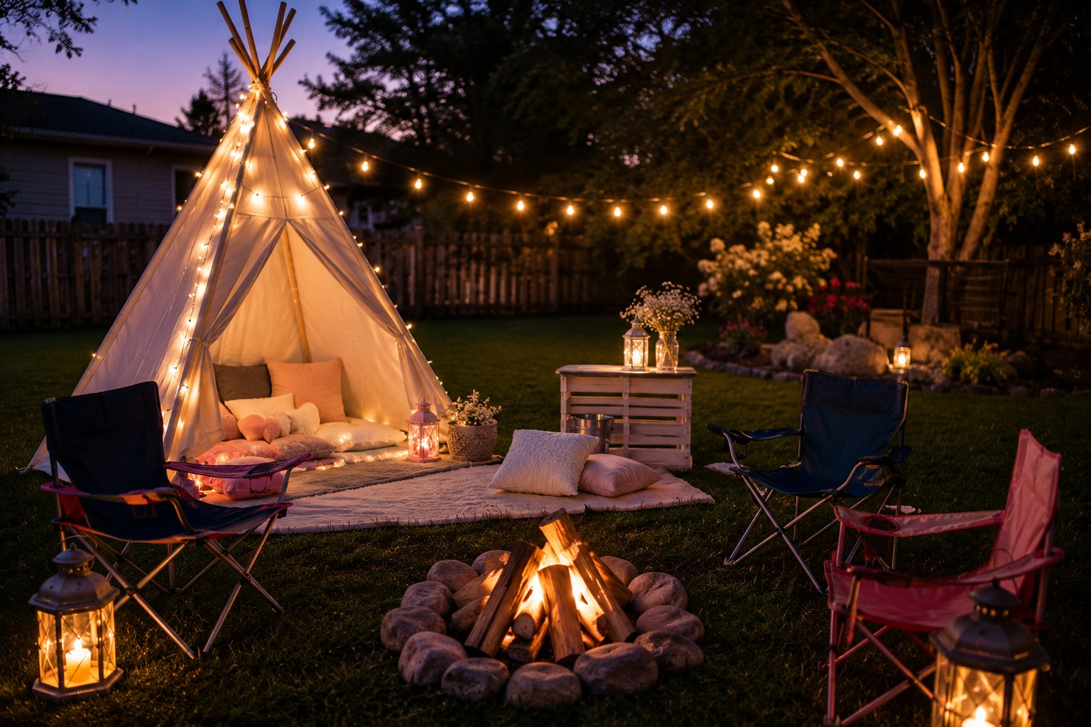 A camp-themed backyard sleepover with a teepee tent, lanterns, and string lights at dusk