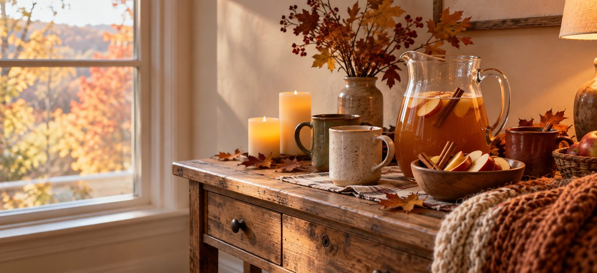 Cozy fall sleepover decor: an apple cider bar with a cinnamon-spiced pitcher, mugs, LED candles, and a chunky rust throw