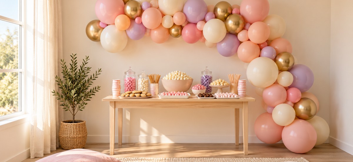 A pastel sleepover setup with a balloon garland backdrop, paper lanterns, and warm fairy lights