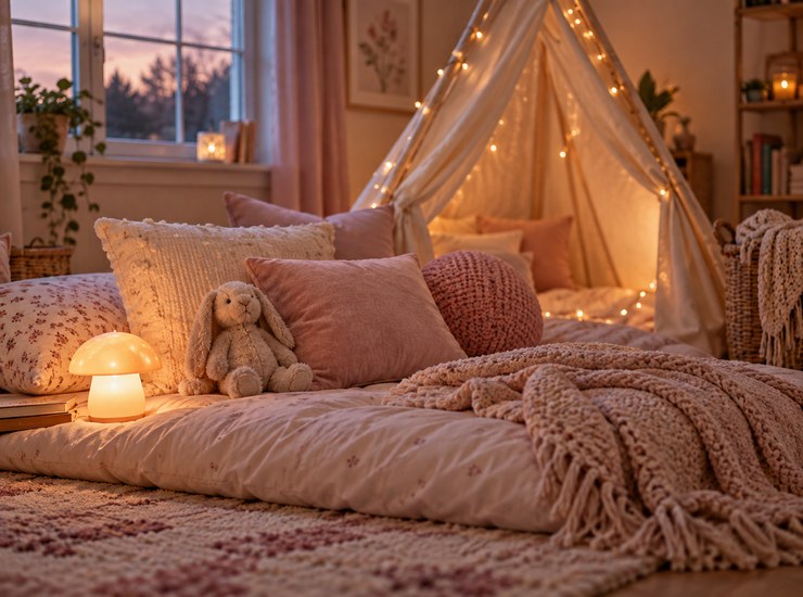 A cozy sleepover setup with soft pillows and a nightlight for a kid's first night away from home
