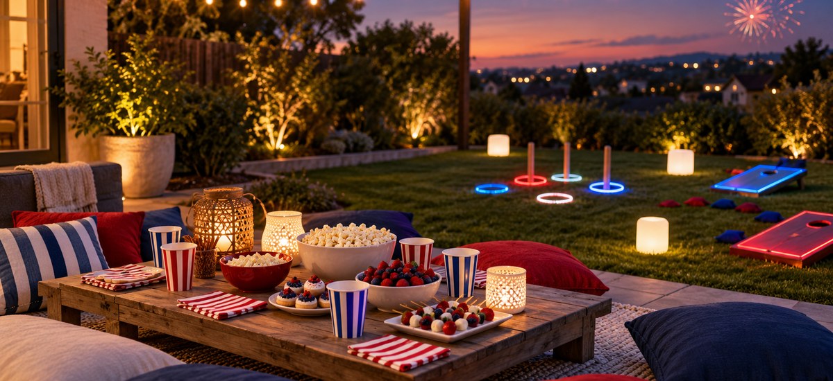 A red, white, and blue sleepover setup with star garland, balloons, and glowing teepees