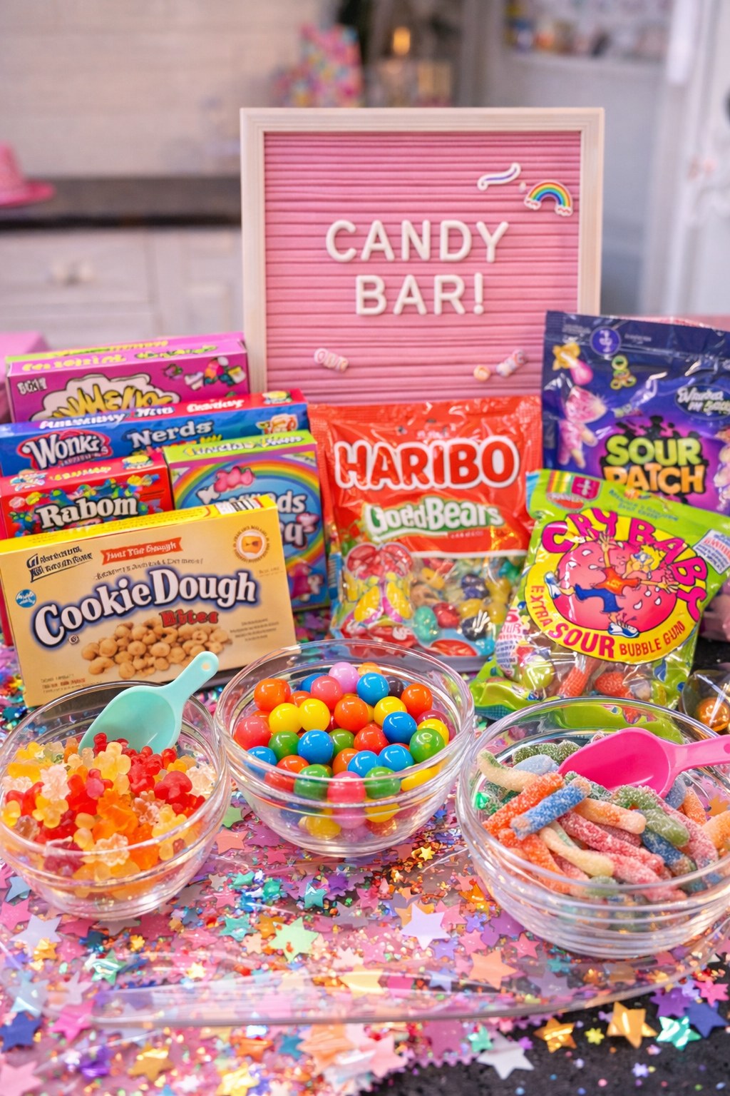 Colorful candy bar setup with letter board, gummies, and party snacks for sleepover — Sleepover Club Timonium MD