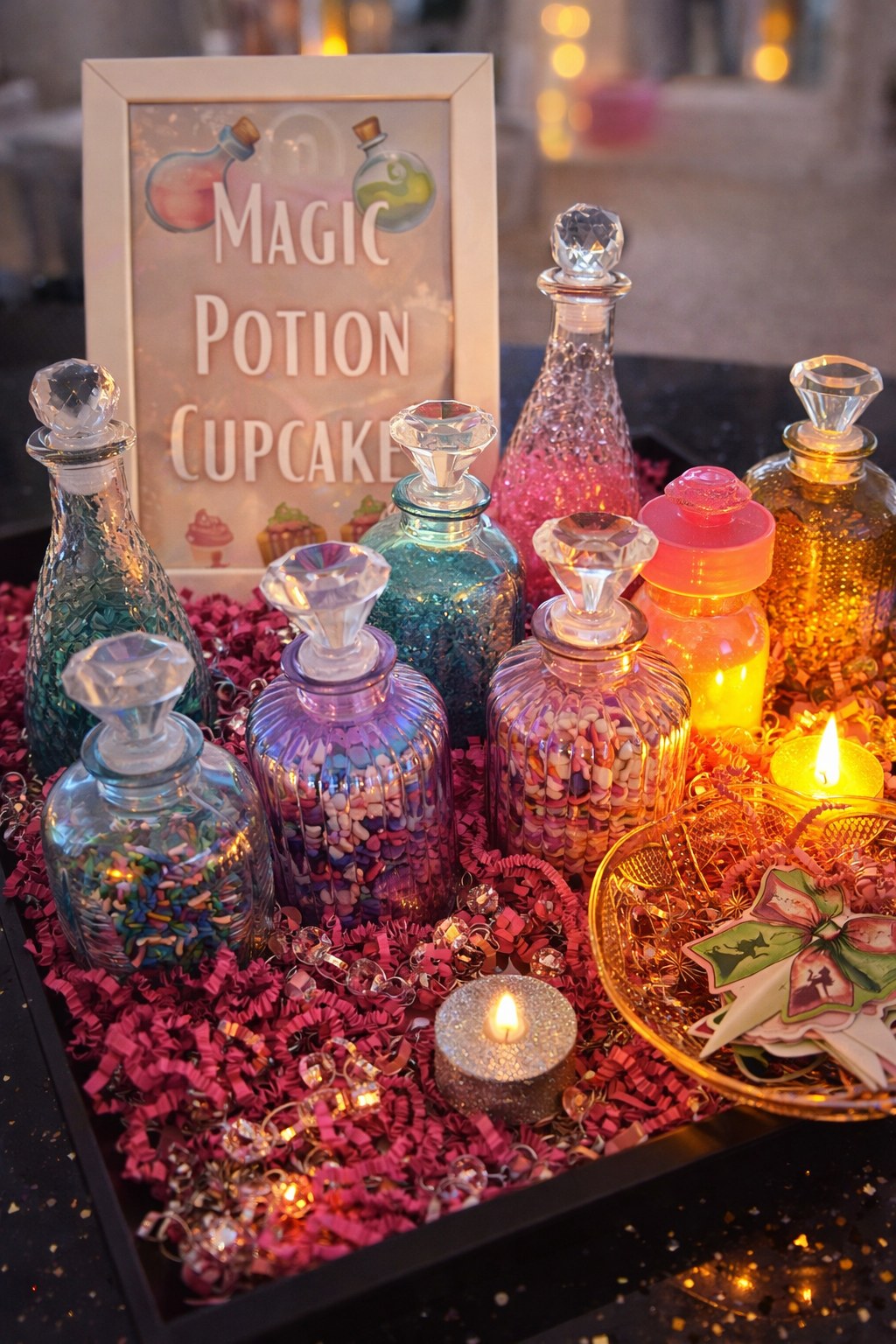 Magic potion themed sleepover party candy display with colorful bottles and candles — Baltimore County MD