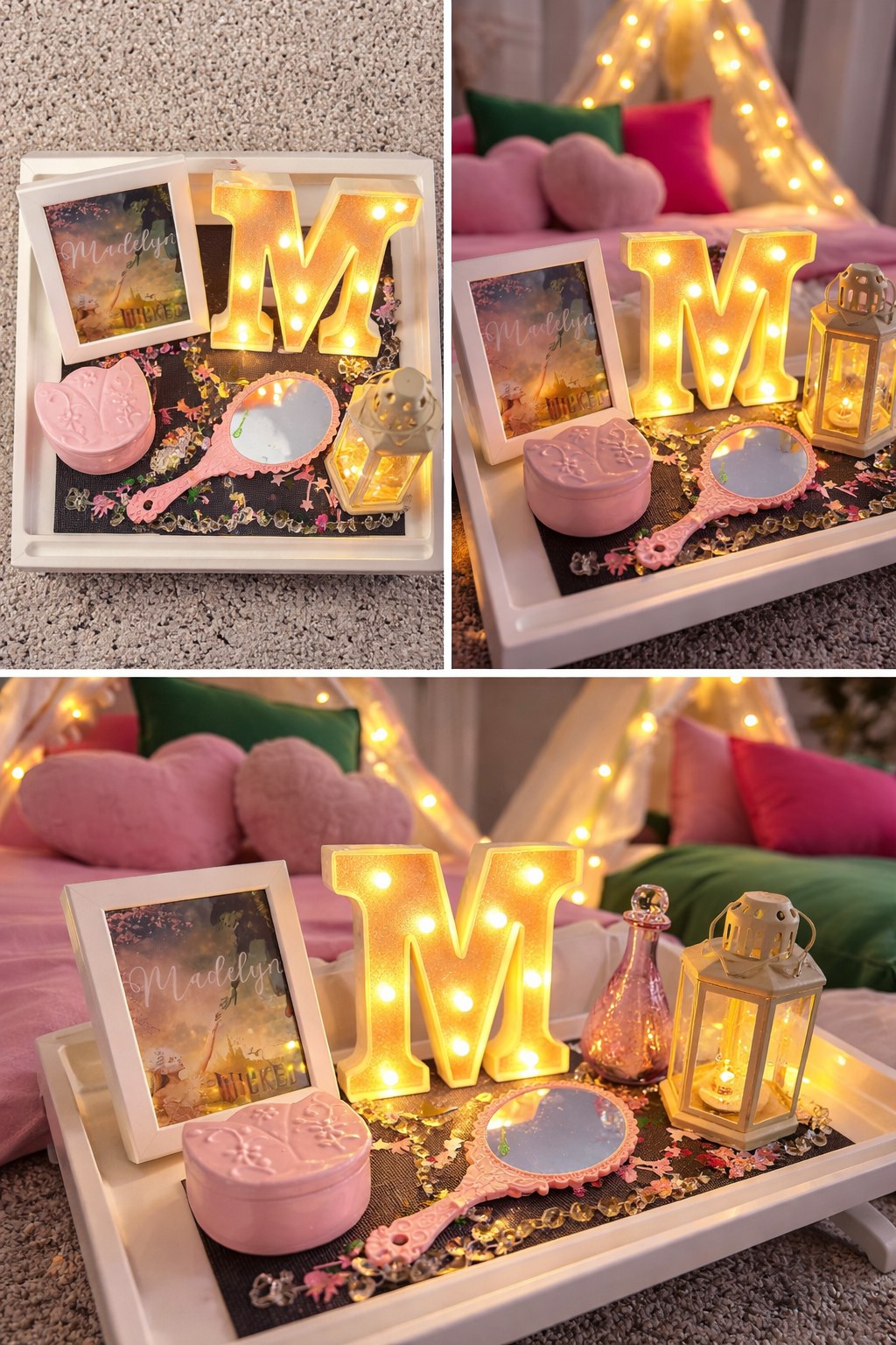 Personalized sleepover party tray with marquee letter, lantern, mirror, and photo frames — Timonium MD