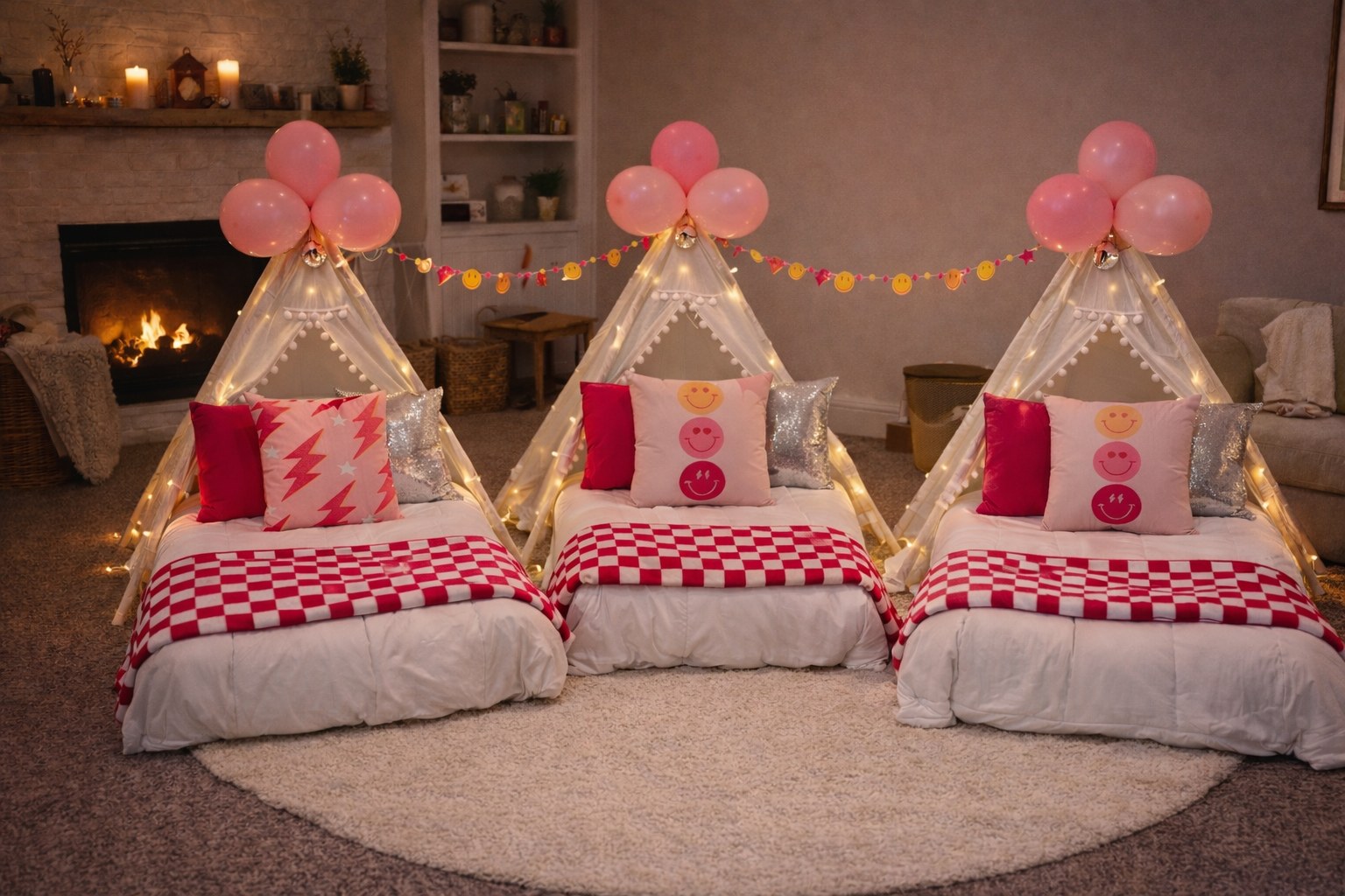 Three teepee sleepover parties with red and pink checkered bedding and smiley face pillows — Timonium MD