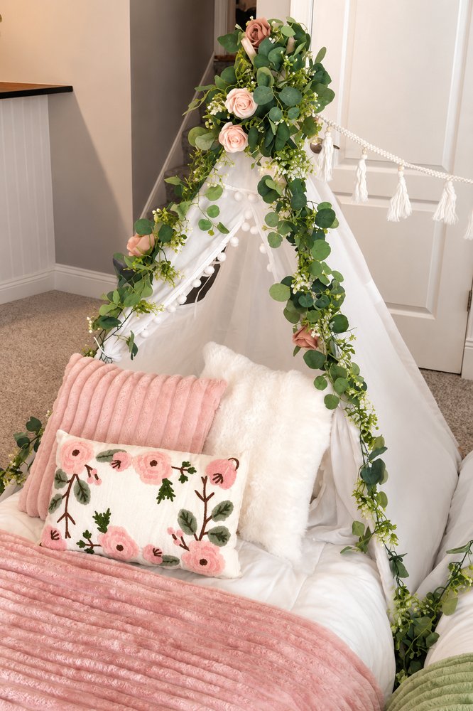 Close-up of a floral teepee with a eucalyptus garland