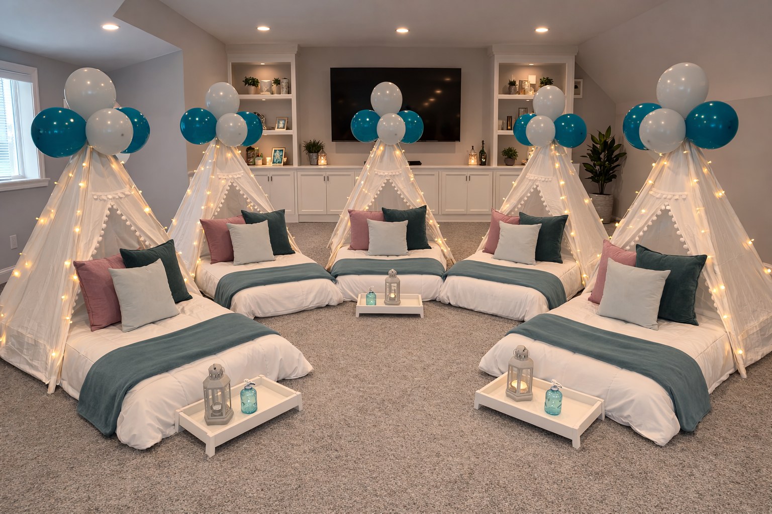 Five teepee sleepover party setups in semicircle with teal blue balloon clusters — Baltimore County MD