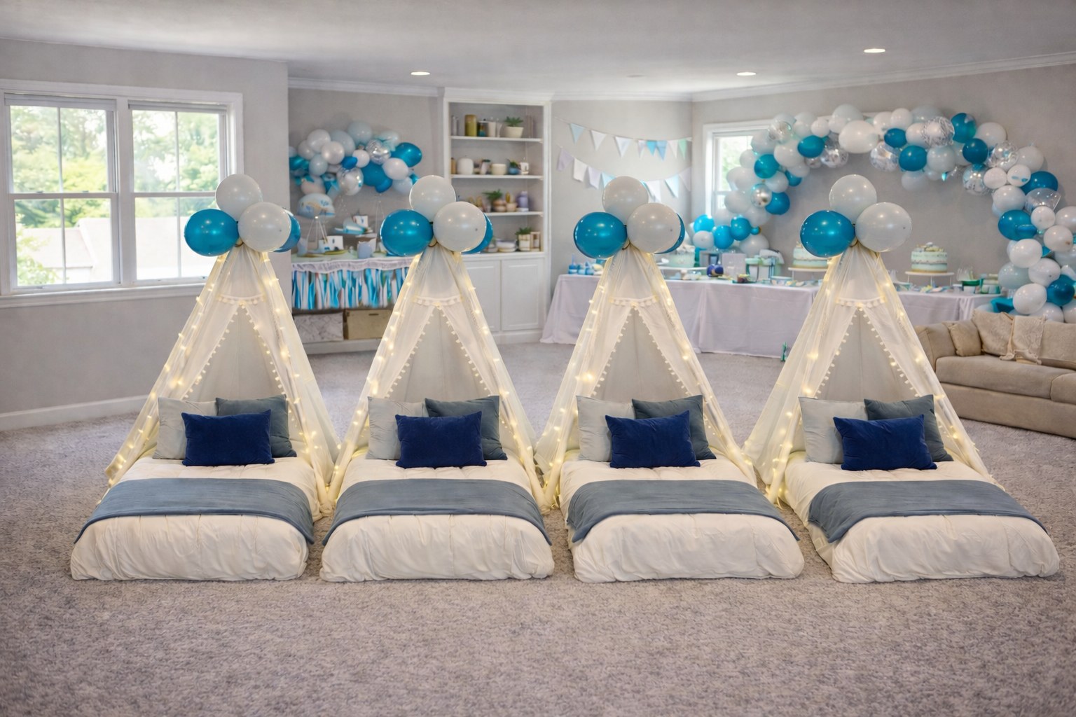 Four teepee sleepover parties with navy blue bedding and teal balloon arch — Sleepover Club Timonium MD