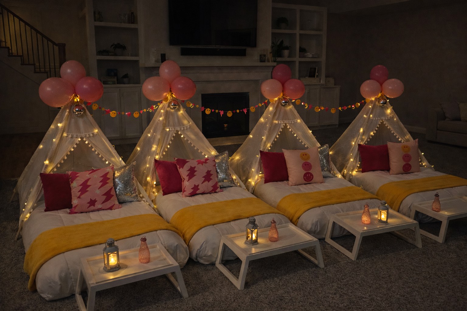 Four teepee sleepover party setups at night with pink and orange balloons — Baltimore County MD