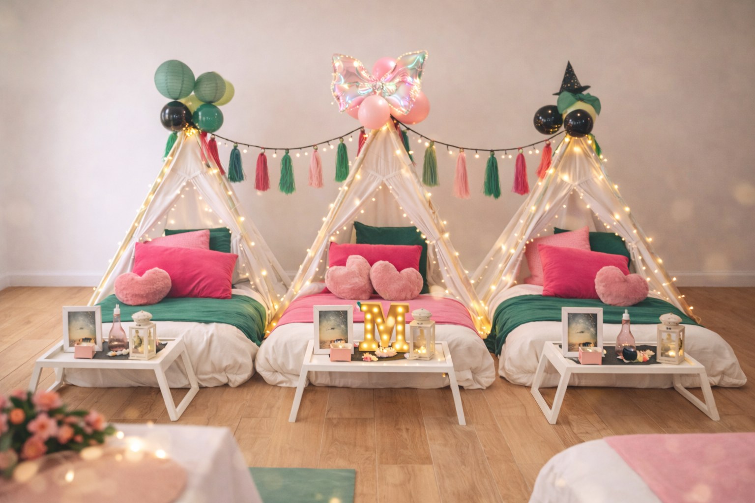 Three teepee sleepover party setups with green and pink bedding and marquee letter M — Sleepover Club Timonium MD
