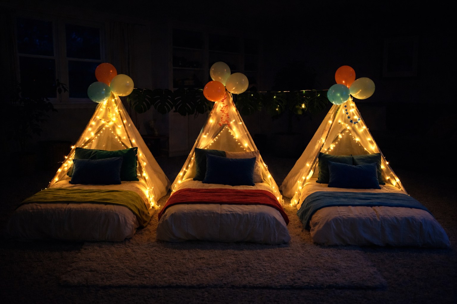Three teepee sleepover party setups at night with colorful rainbow bedding and balloons — Baltimore County MD
