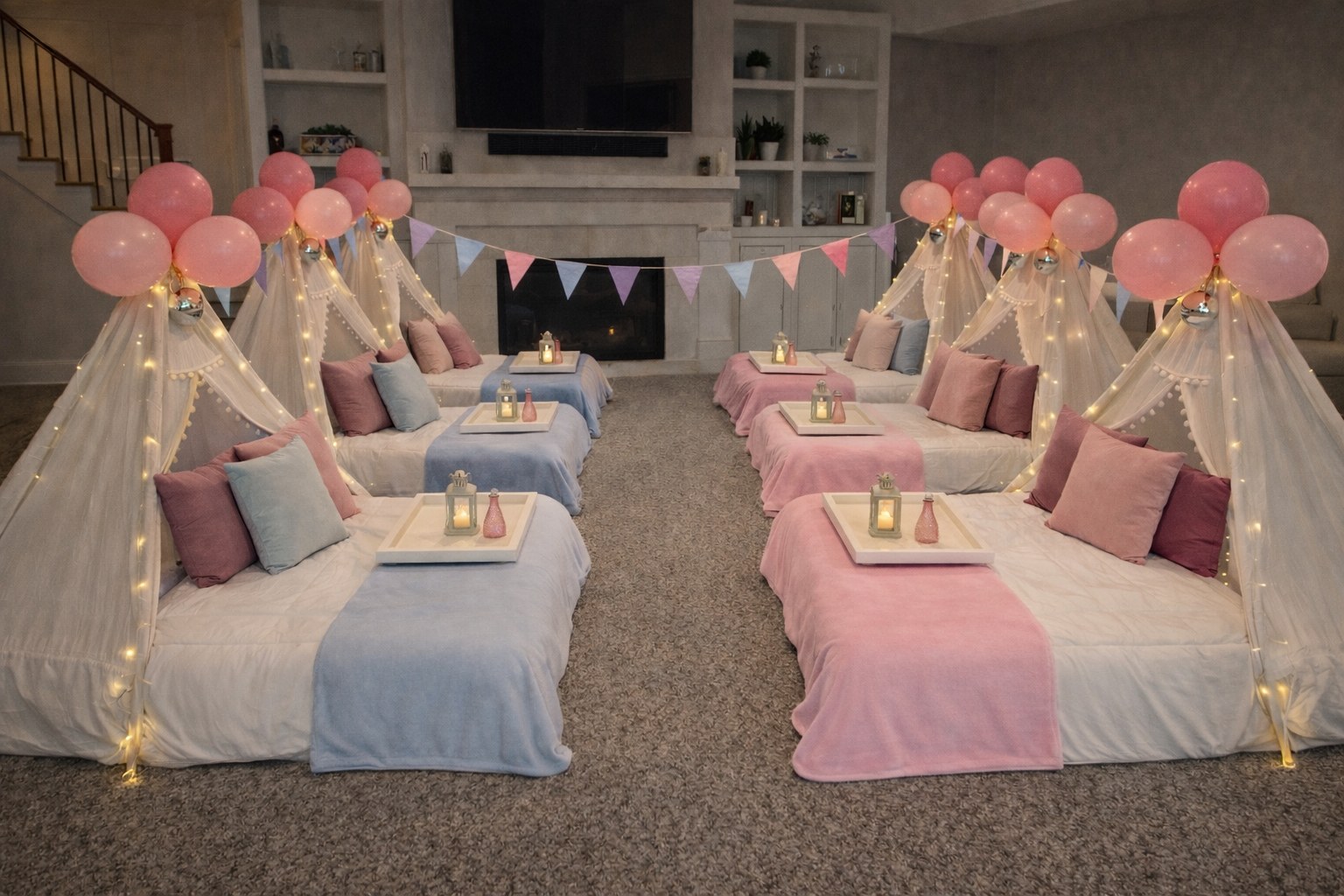 Six teepee sleepover party setups with pastel pink and purple bedding and pink balloons — Sleepover Club MD