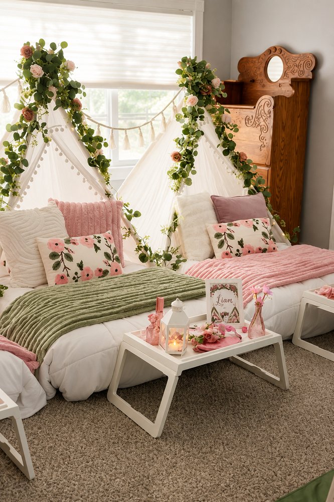 Two floral teepees in pink and green with eucalyptus