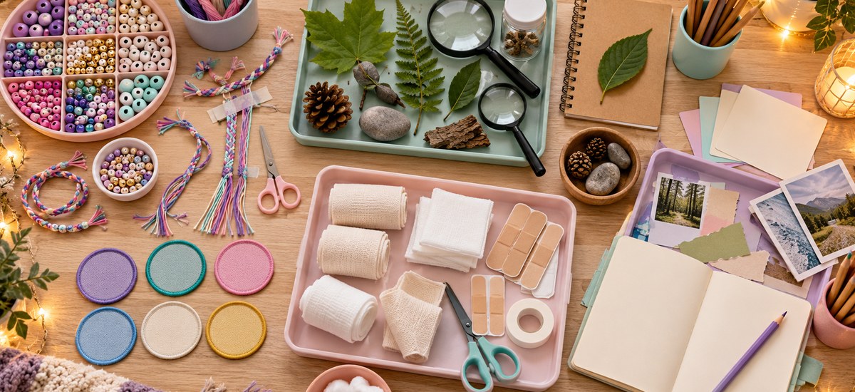 Girl Scouts sleepover craft table flat lay: pastel beads for friendship bracelets, nature tray with leaves rocks and pinecones, magnifying glasses, first aid supplies, nature journal, colored pencils, and pastel merit badges