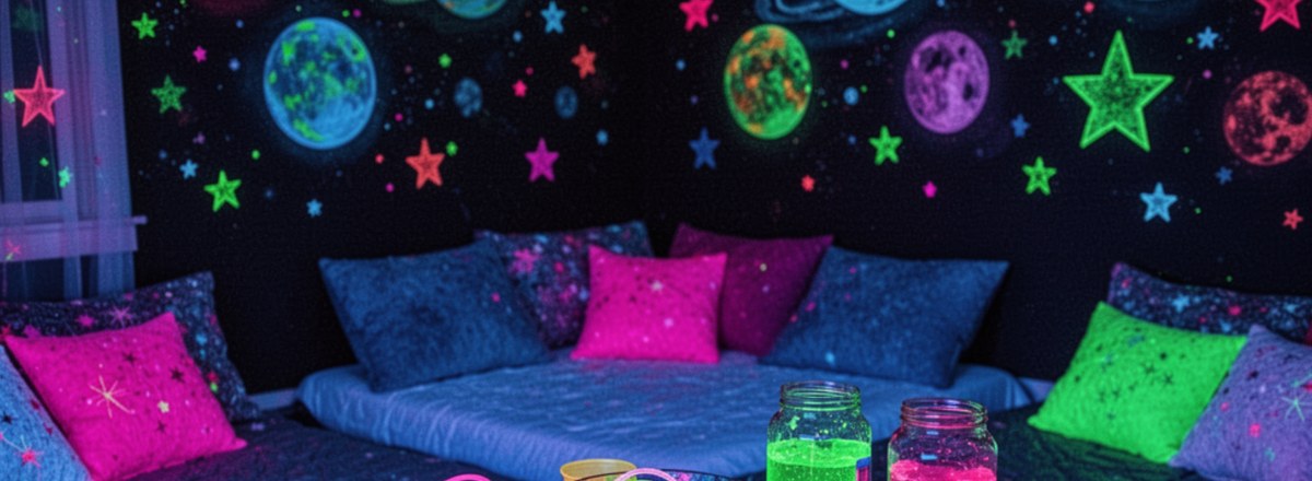 Girls at a glow-in-the-dark sleepover party with neon face paint and glowing teepees