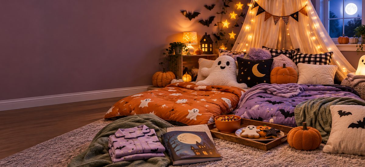 Halloween sleepover party beds with ghost-print and bat bedding under a lit canopy, pumpkins, and a tray of decorated cookies