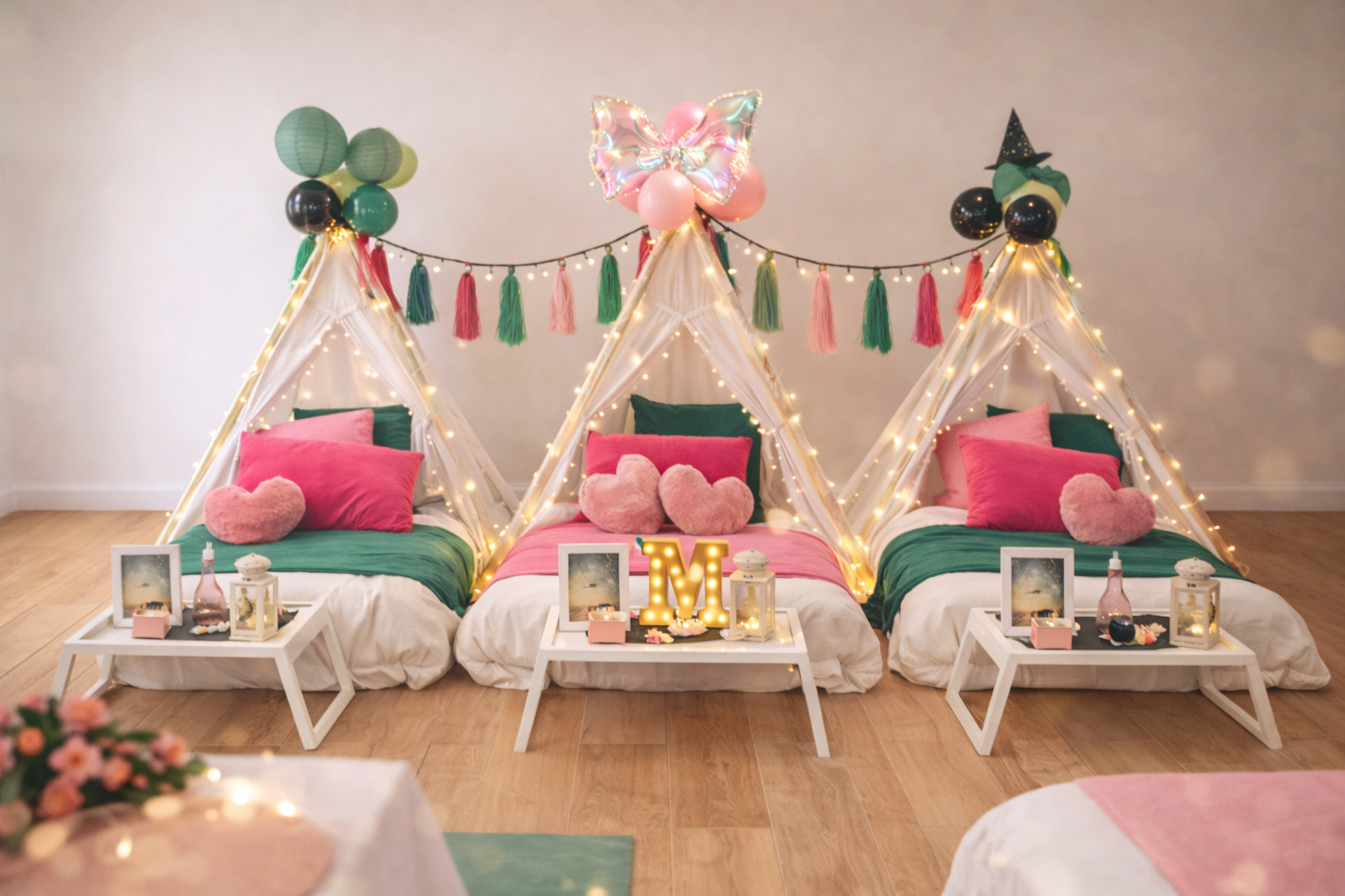 Magical teepee sleepover party setup with pink and mint decorations, balloons, and fairy lights