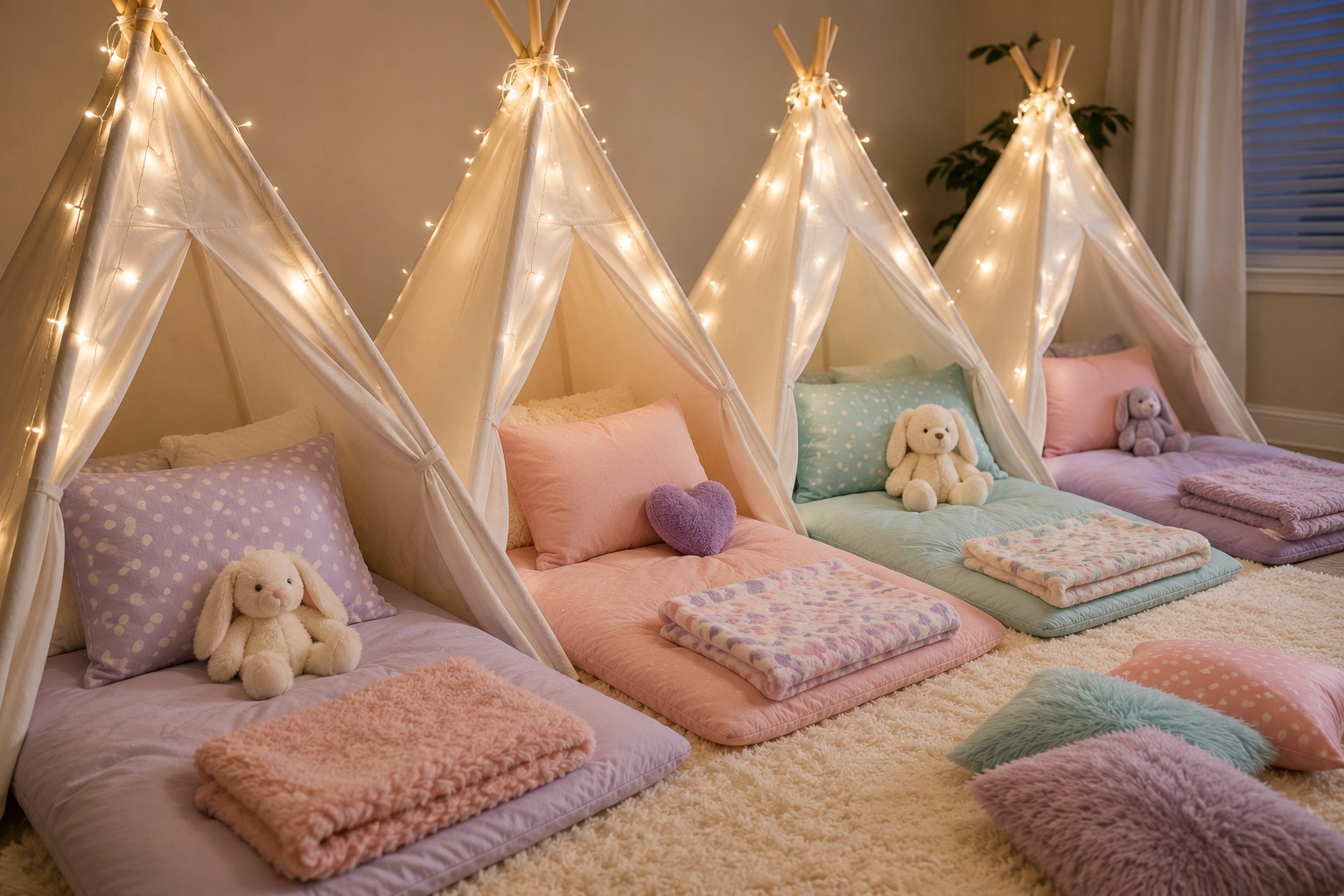 A row of sleeping bags and pillows set up for a girls sleepover, showing how guest count fills a space