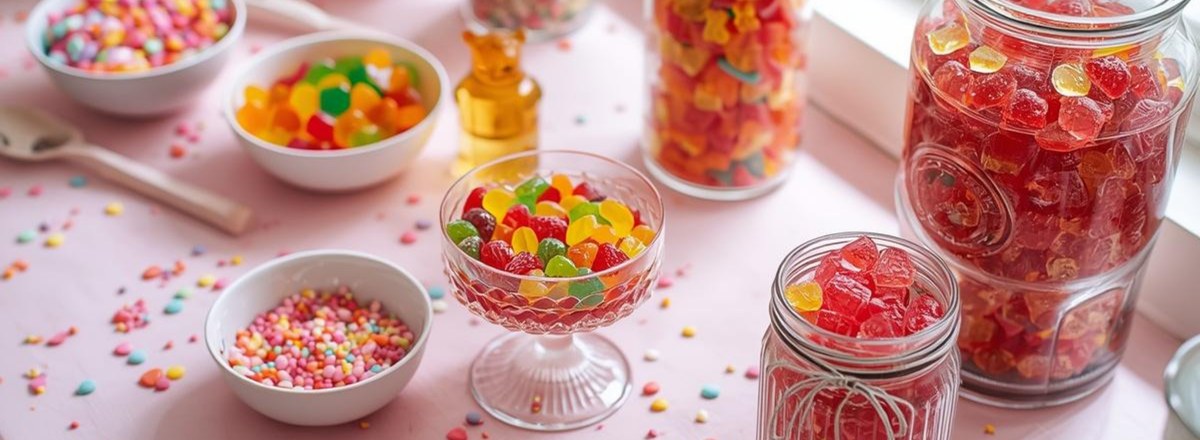 Colorful jelly candy aesthetic party spread with bold greens, pinks, and purples