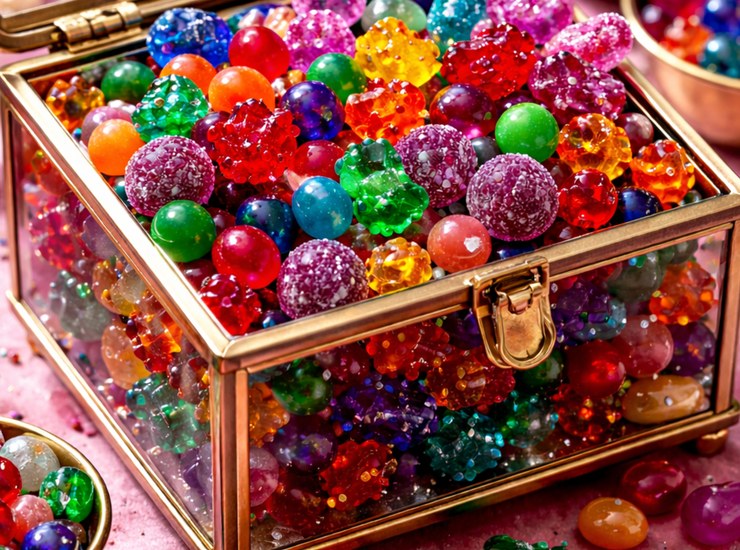 Glass treasure chest filled with colorful sparkling jelly candies on a pink surface