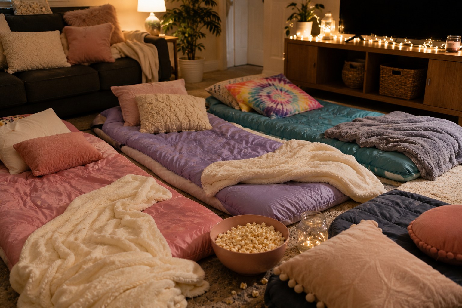 Last minute sleepover setup with fairy lights, candles, and snacks ready in a few hours