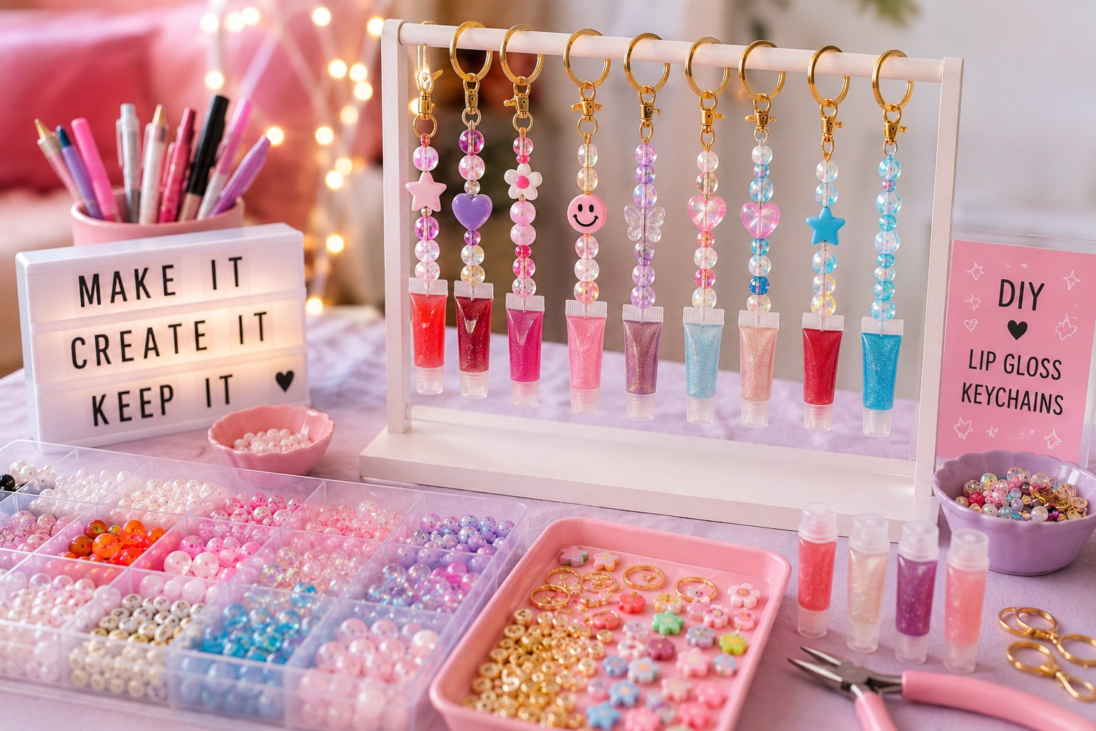 DIY lip gloss keychain crafting station with beads, cords, and finished bracelets