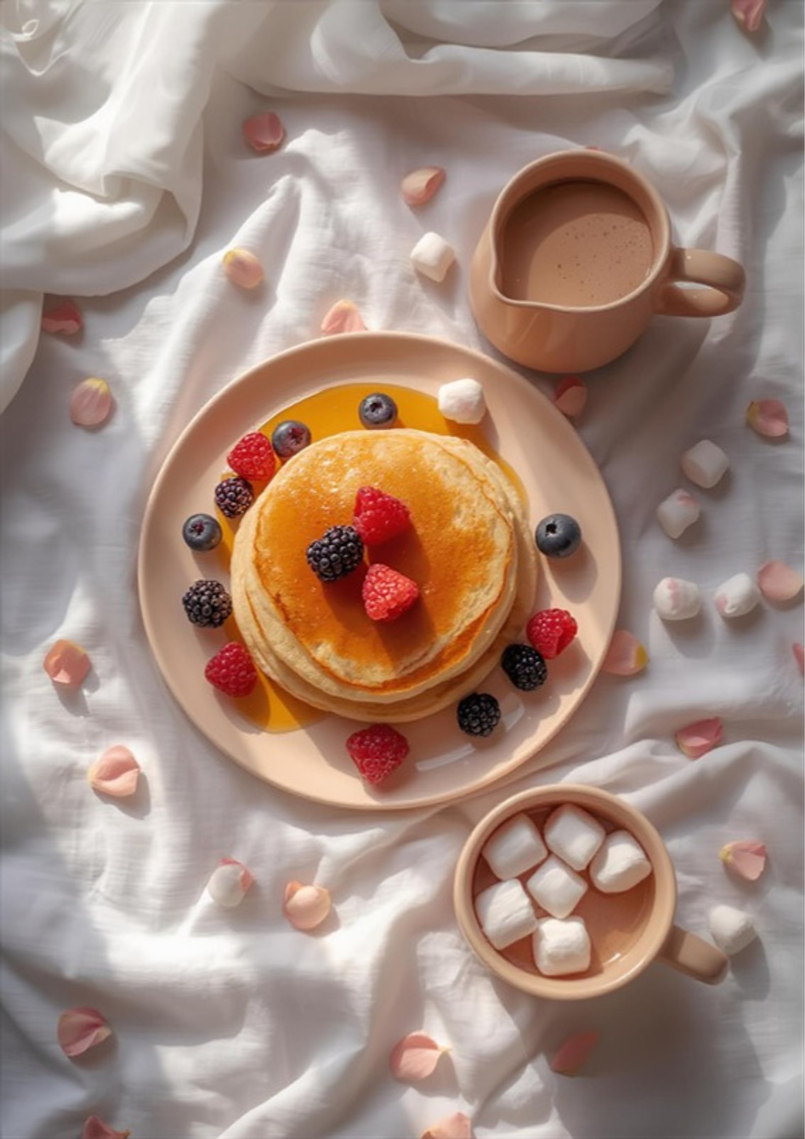 A quiet kitchen table set for the morning after a sleepover, with pancakes, fruit, juice, and warm light