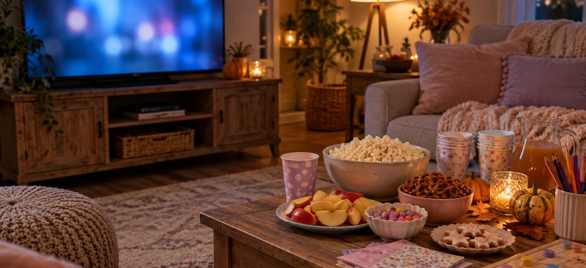 Fall movie marathon sleepover: popcorn, apple slices, pretzels and cider on a coffee table facing a glowing TV