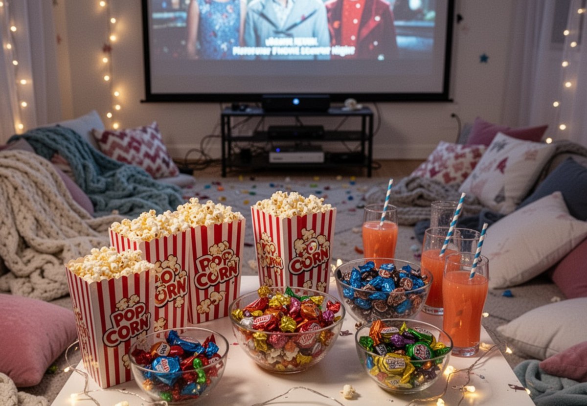Girls gathered around a projector screen for a movie night sleepover, wrapped in cozy blankets with popcorn