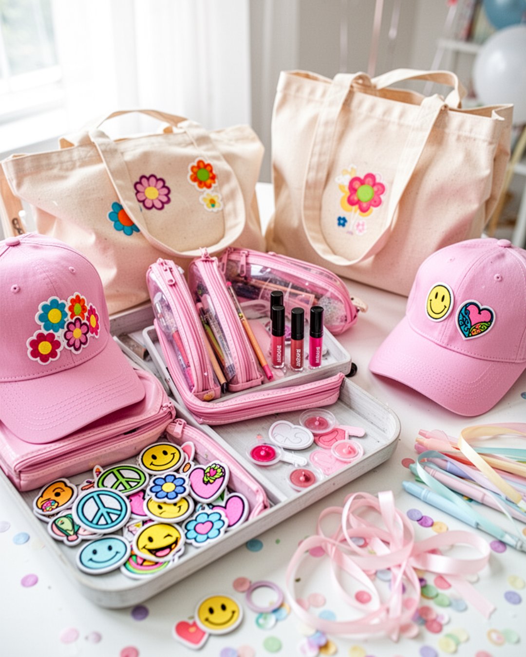 Customizable sleepover party box flatlay with pink hats, tote bags, stickers, and accessories on a table — Timonium MD