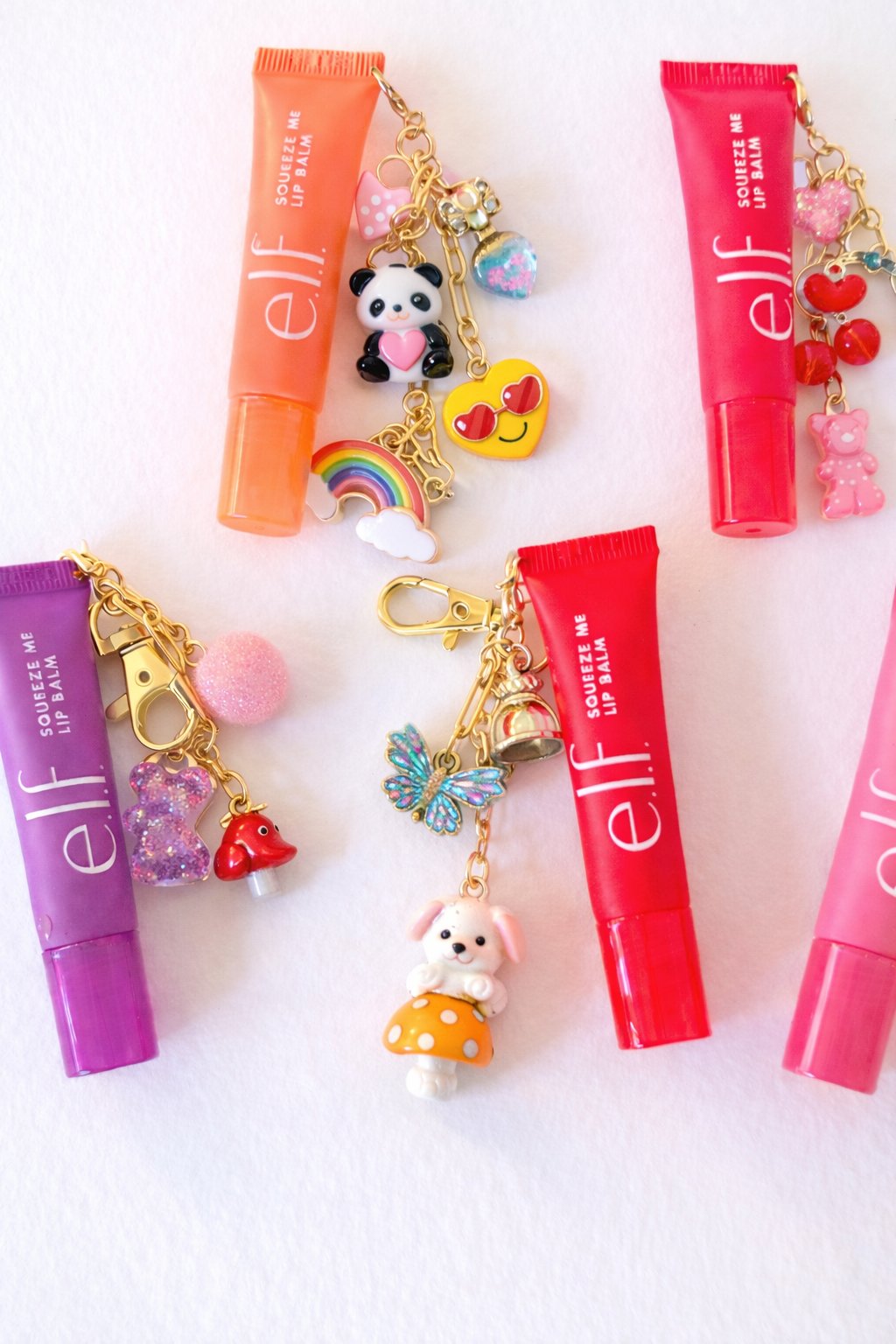 e.l.f. lip balm charm keychains with cute animal and mushroom charms — sleepover party box treat — Sleepover Club Timonium MD