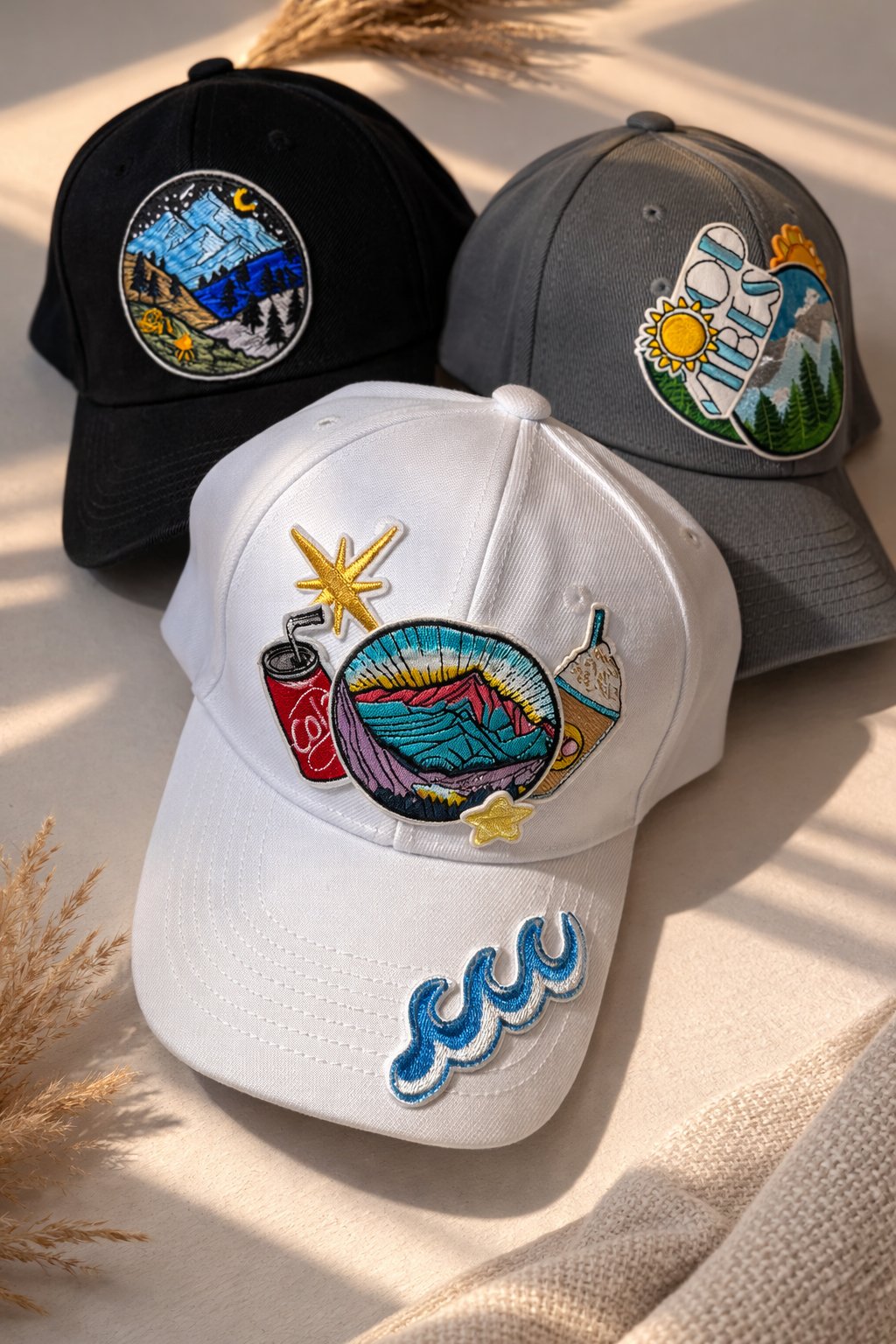 Three custom hats with beach and surf themed patches styled on a neutral background — Baltimore County MD