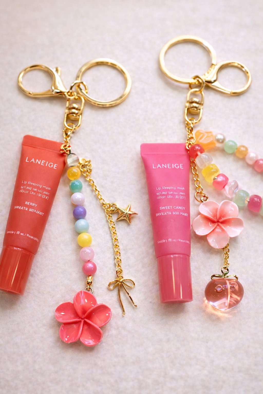 Laneige lip balm charm keychains with beads and flower charms — sleepover party box add-on — Timonium MD