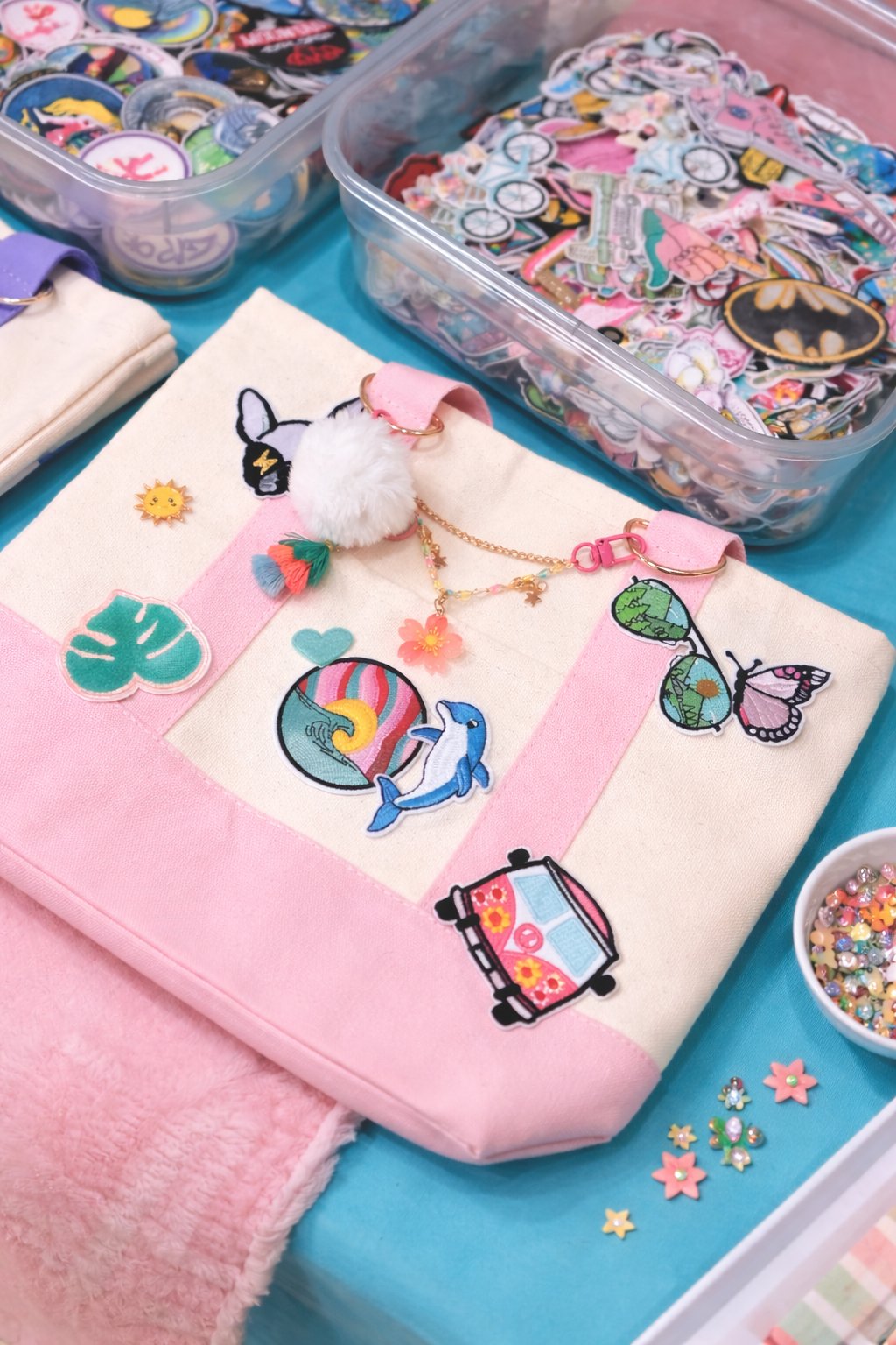 Custom tote bag decorated with fun patches and accessories at a sleepover party box activity — Timonium MD