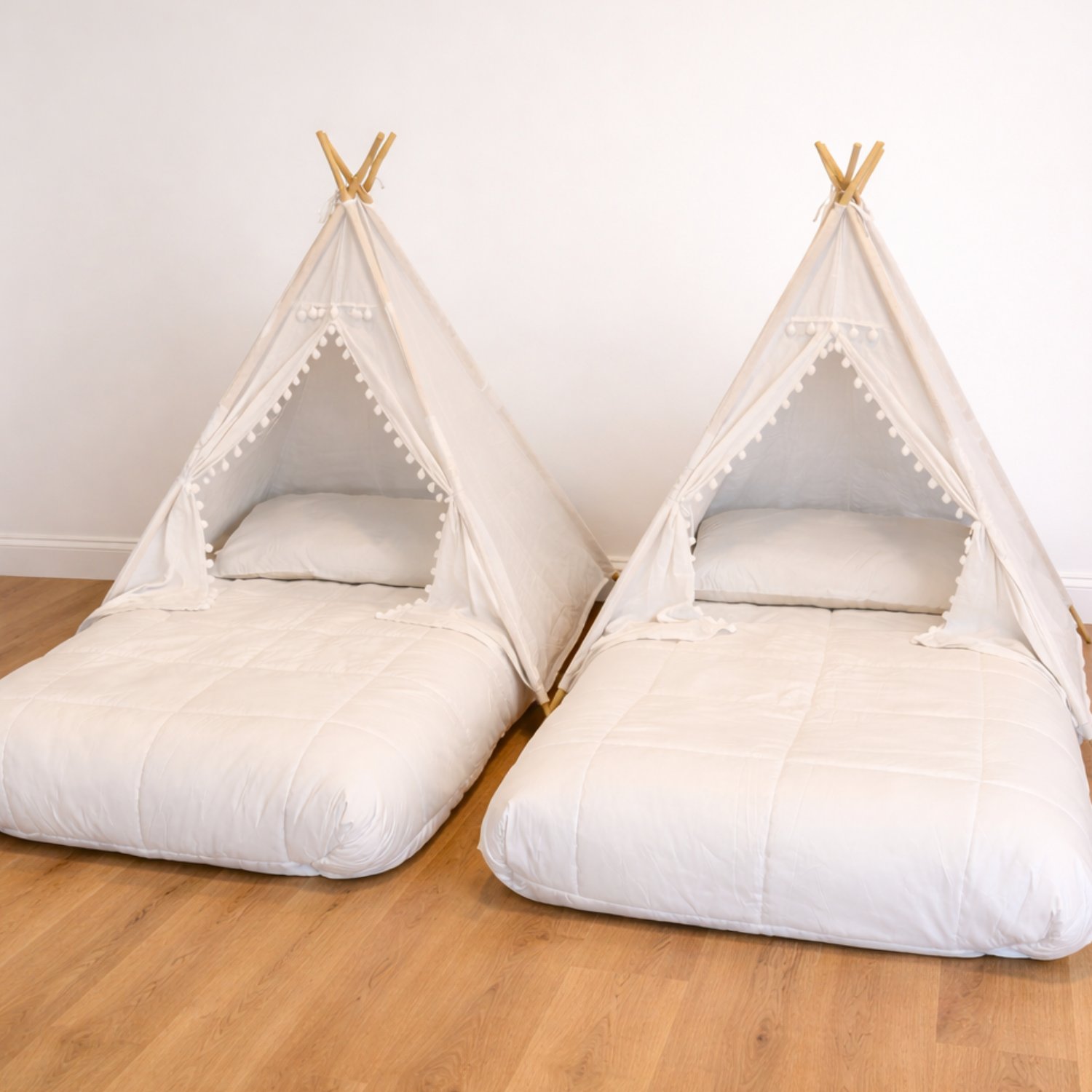 Classic teepee sleepover rental package with white bedding — $35 per tent in Timonium MD