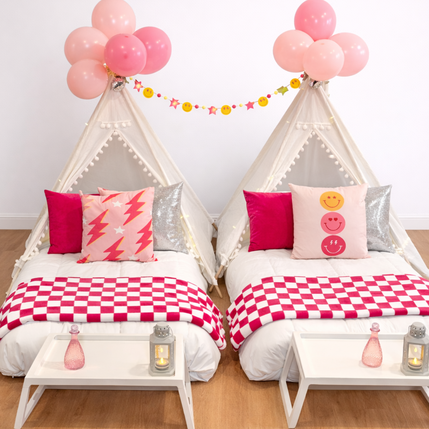 VIP teepee sleepover party package with balloon bouquet and decorative pillows — Sleepover Club Baltimore MD