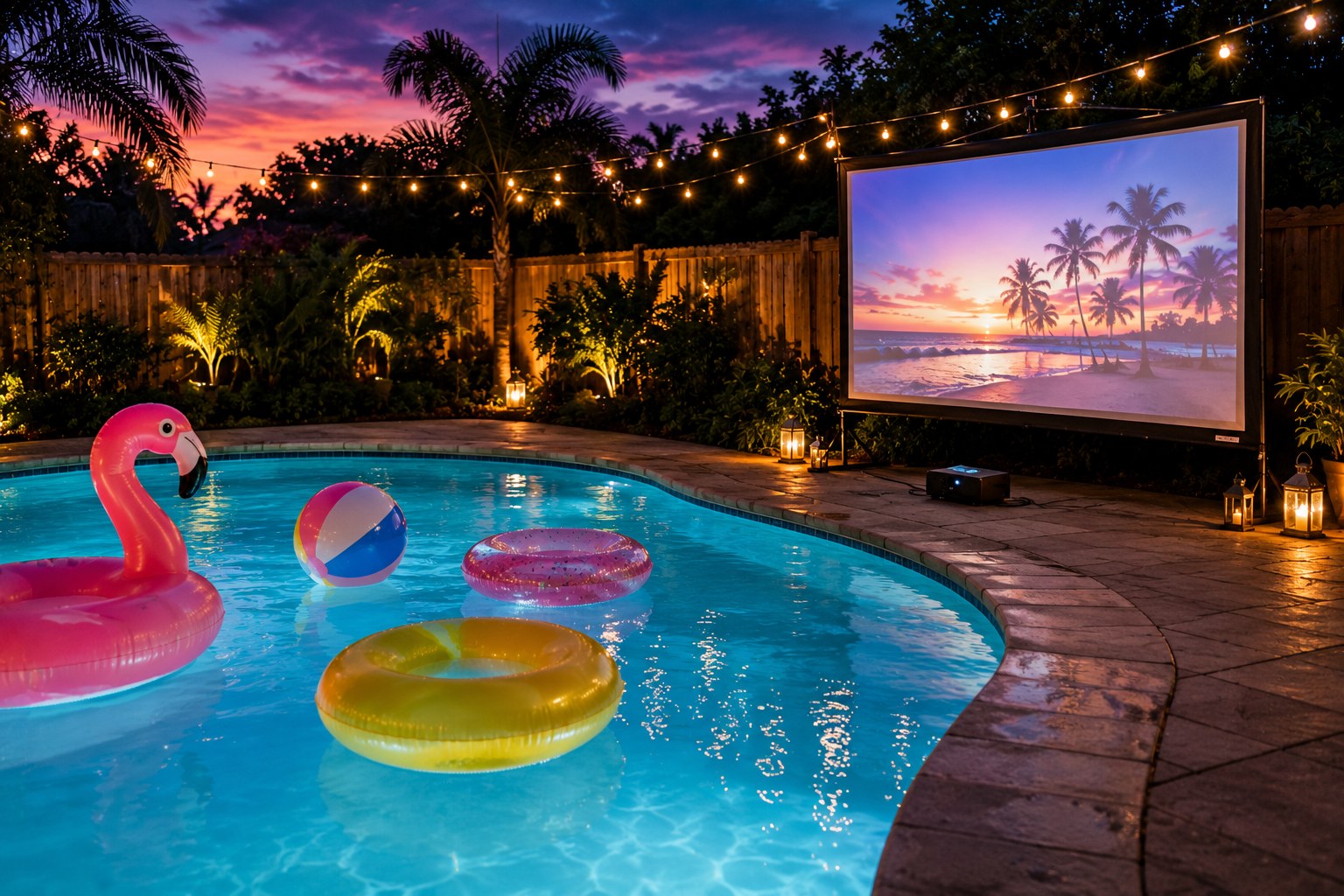 Teepee sleepover setup with pastel balloons and fairy lights for a pool party sleepover