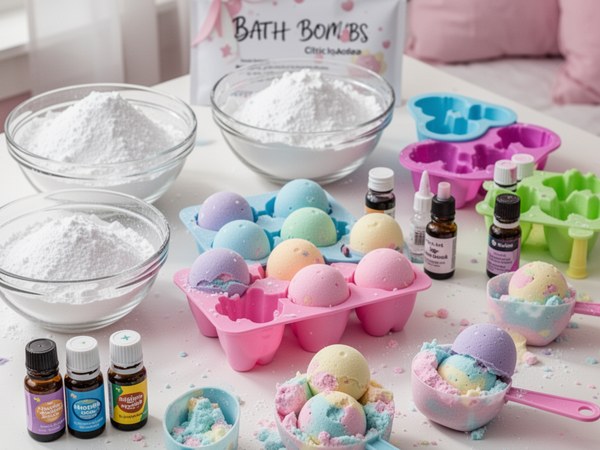 Bath bomb making kit with colorful ingredients, molds, and surprise charms
