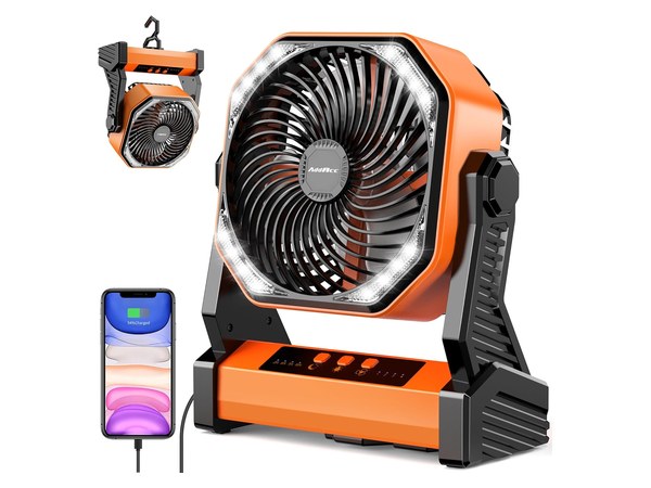 Rechargeable battery powered camping fan with LED light for outdoor sleepovers
