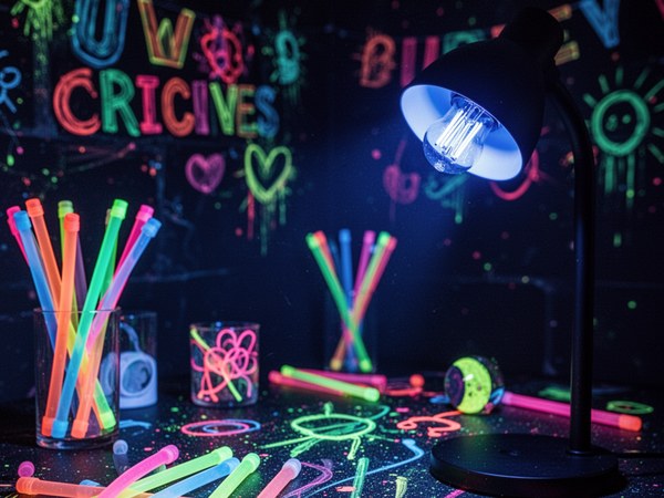 UV blacklight bulb with purple glow rays illustrated on pink background