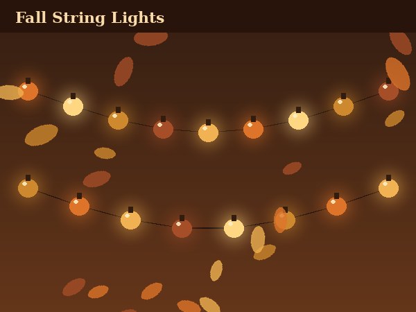 Warm amber pumpkin and leaf string lights glowing against a dark background