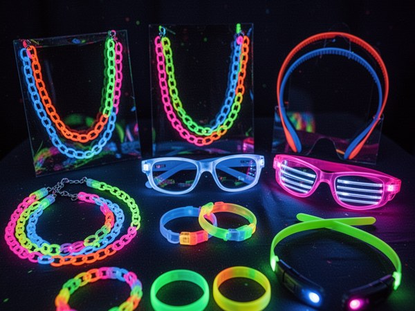 Glow party supplies kit with glasses, rings, and necklaces on mint background
