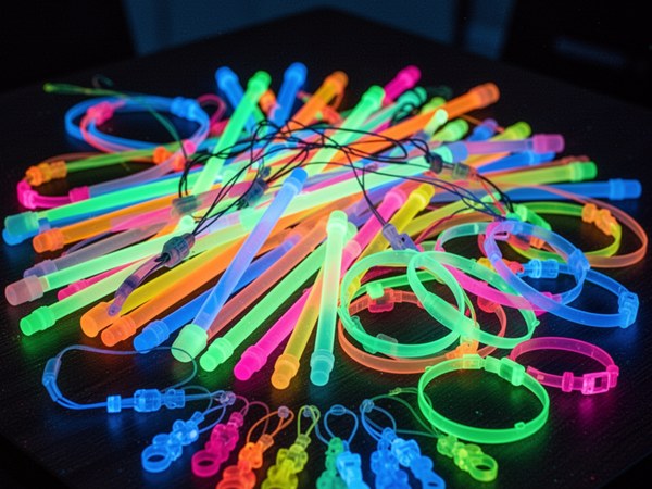 Colorful glow sticks and connectors spread out on pink background