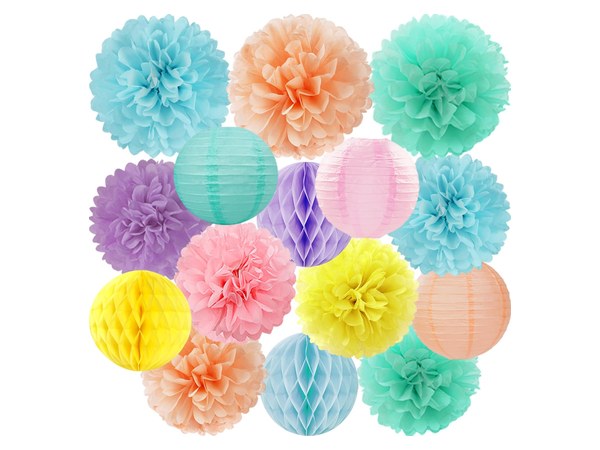 Pastel tissue pom poms and honeycomb ball decorations in a set