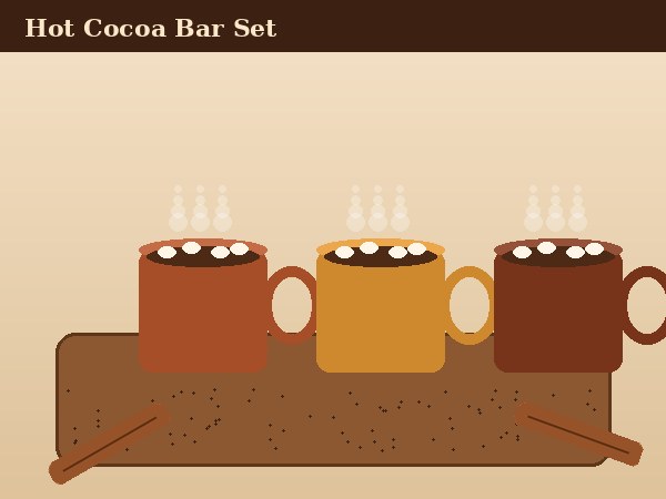 Three mugs of hot cocoa with marshmallows and cinnamon sticks on a wooden tray