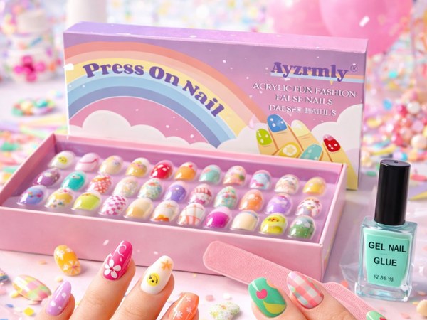 Colorful kids press-on nails in bright jelly candy colors