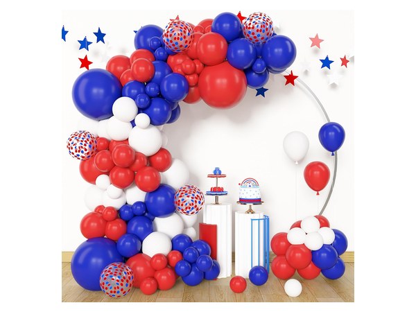 Red white and blue balloon garland arch kit laid out