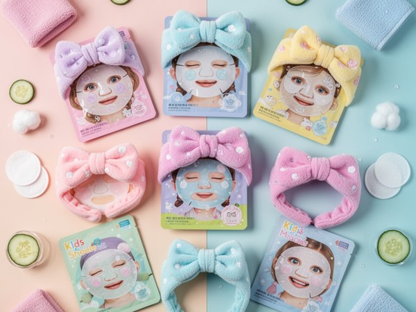 Kids princess-themed face masks with a spa headband in pink and white packaging
